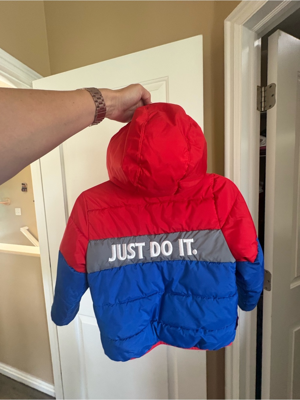Nike Kids Red, Blue & Gray Hooded Puffer Jacket with 'JUST DO IT.'